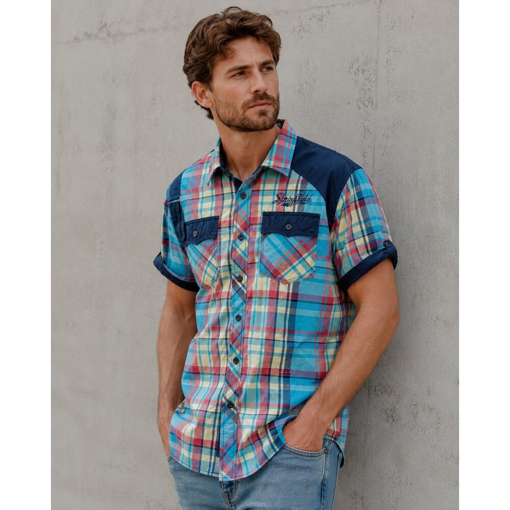 Springfield Classic Plaid Utility Button Up Shirt Short Sleeve, Large